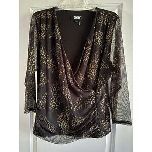 DKNY‎ 3/4 Sleeve Wrap Blouse Animal Print Semi-Sheer Ruched Women’s Size XL 16